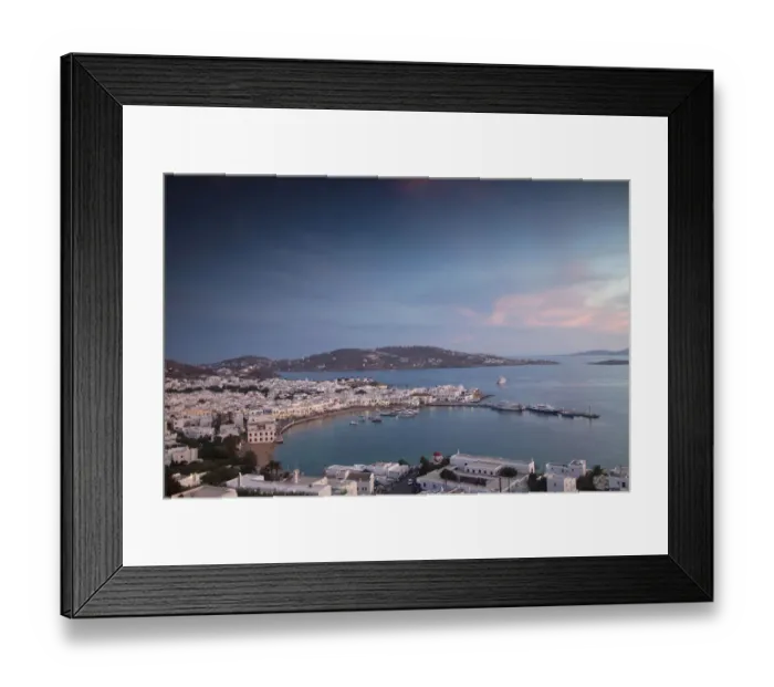 Framed Print : Europe, Greece, Greek Isles, Mykonos, Horia, Overviewing the harbor below, near Sunset