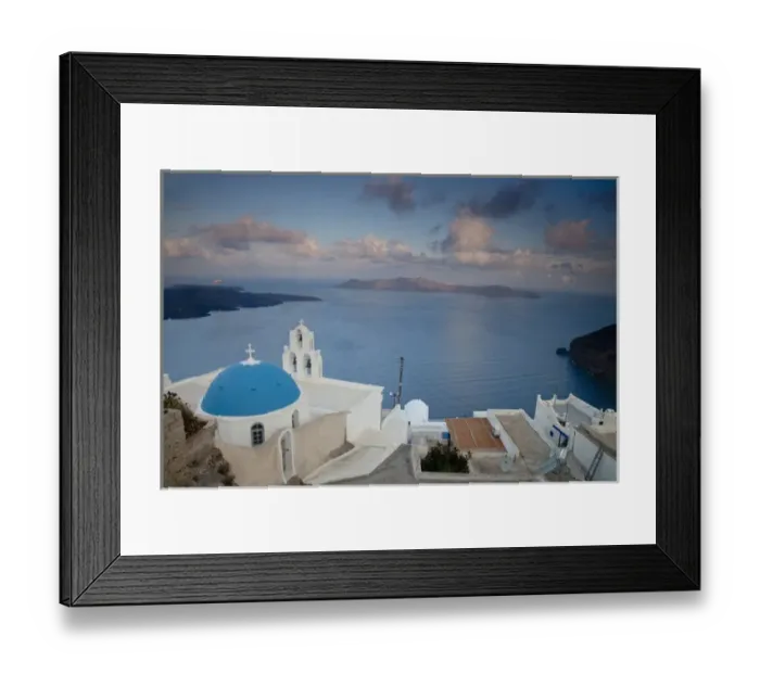 Framed Print : Europe, Greece, Greek Island, Santorini, Blue Domes, Church, Bell Tower in villiage