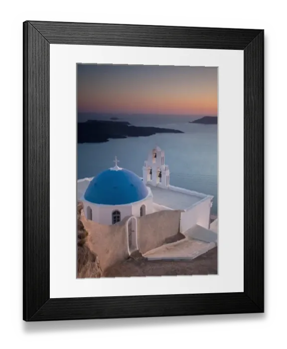 Framed Print : Europe, Greece, Greek Island, Santorini, Blue Domes, Church, Bell Tower in villiage Framed Print : Europe, Greece, Greek Island, Santorini, Blue Domes, Church, Bell Tower in villiage