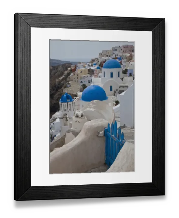 Framed Print : Europe, Greece, Greek Island, Santorini, Blue Domes, Churchs, Bell Towers in villiage