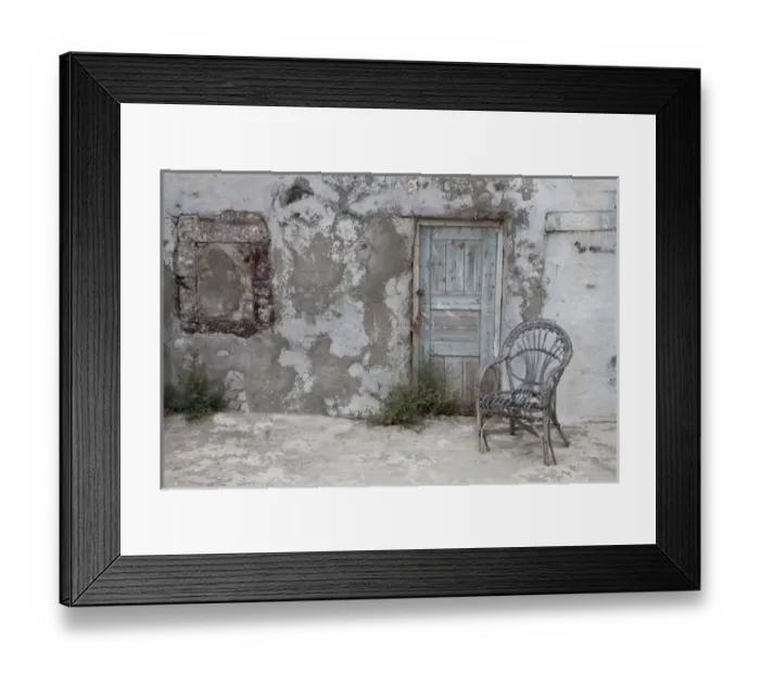 Framed Print : Europe, Greece, Greek Island, Santorini, Old Building chair and doorway in town of Oia Framed Print : Europe, Greece, Greek Island, Santorini, Old Building chair and doorway in town of Oia