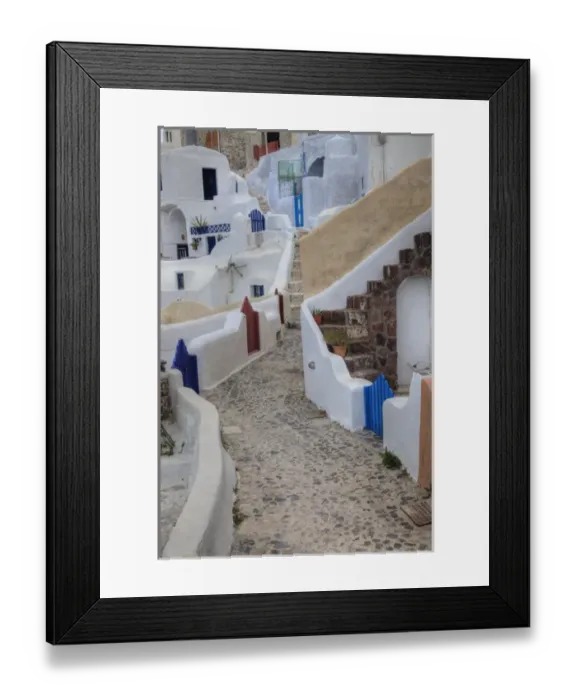 Framed Print : Europe, Greece, Greek Island, Santorini, Walkway in town of Oia with colorful gates Framed Print : Europe, Greece, Greek Island, Santorini, Walkway in town of Oia with colorful gates