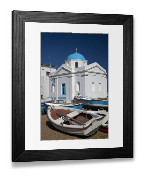Framed Print : Europe, Greece, Greek Island, Mykonos, Hora, Rowboats on the shore of Hora Harbor