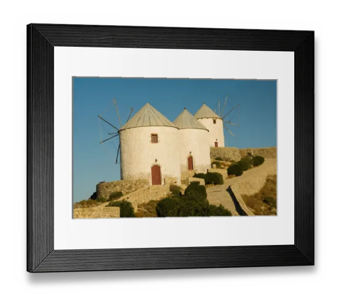 Framed Print : Traditional wind mills in Pandelli. Leros, Dodecanese Islands, Greece