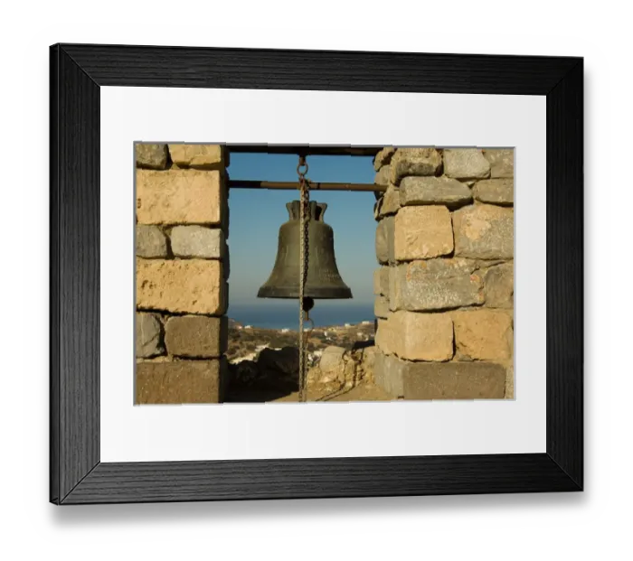 Framed Print : Warning Bells at the restored part of Pandelli Castle. Leros, Dodecanese Islands, Greece