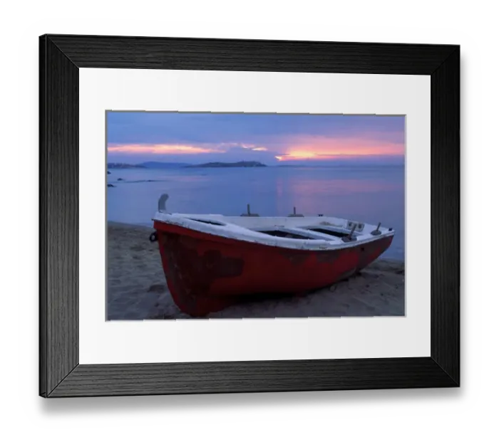 Framed Print : Europe, Greece, Mykonos, red boat on beach at sunset Framed Print : Europe, Greece, Mykonos, red boat on beach at sunset