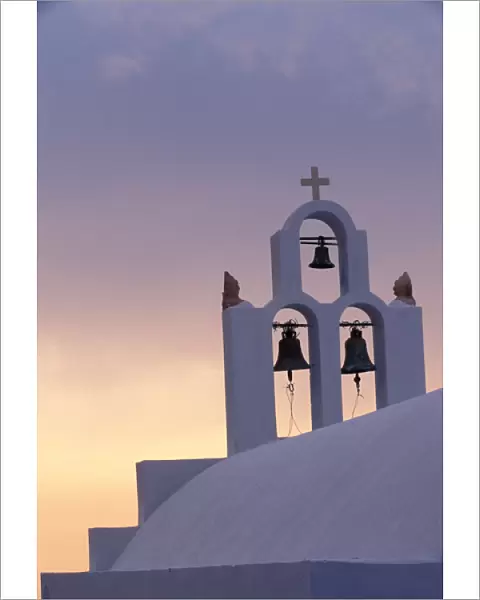 Europe, Greece, Santorini. Belltower at sunrise