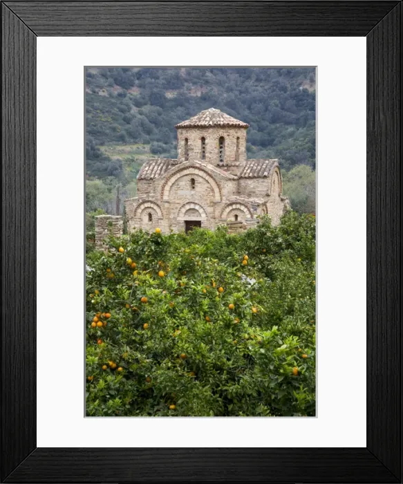 Framed Print : Crete. Greece. Europe. Grove of orange trees & Church of the Panayia. Byzantine church near Fodele Framed Print : Crete. Greece. Europe. Grove of orange trees & Church of the Panayia. Byzantine church near Fodele