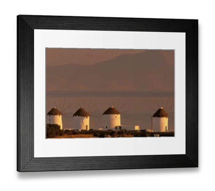 Framed Print : Europe, Greece, Cyclades Islands, Mykonos. Sunrise with Mykonos windmills