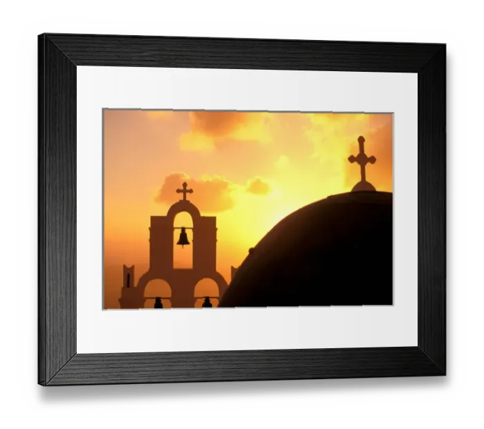 Framed Print : Europe, Greece, Cyclades Islands, Santorini, Thira. Kimisis Theotokov Church at sunset