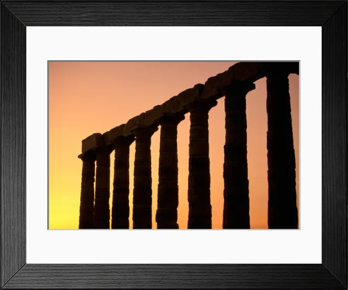 Framed Print : Europe, Greece, Attica, Cape Sounion. Temple of Poseidon columns at sunset