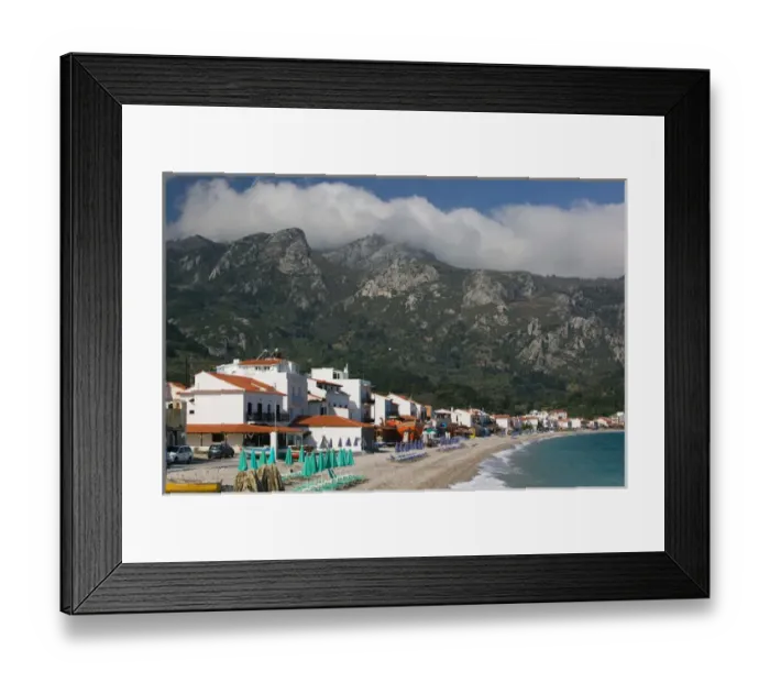 Framed Print : GREECE-Northeastern Aegean Islands-SAMOS-Kokkari: Resort Town with Mountain Mist