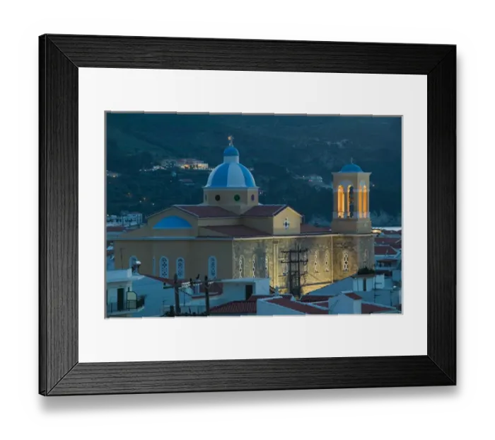 Framed Print : GREECE-Northeastern Aegean Islands-SAMOS-Kokkari: Town Church  /  Evening