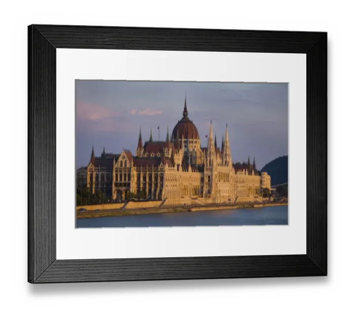 Framed Print : Europe, Hungary, Budapest. Overview of the Parliament Building next to River Danube Framed Print : Europe, Hungary, Budapest. Overview of the Parliament Building next to River Danube