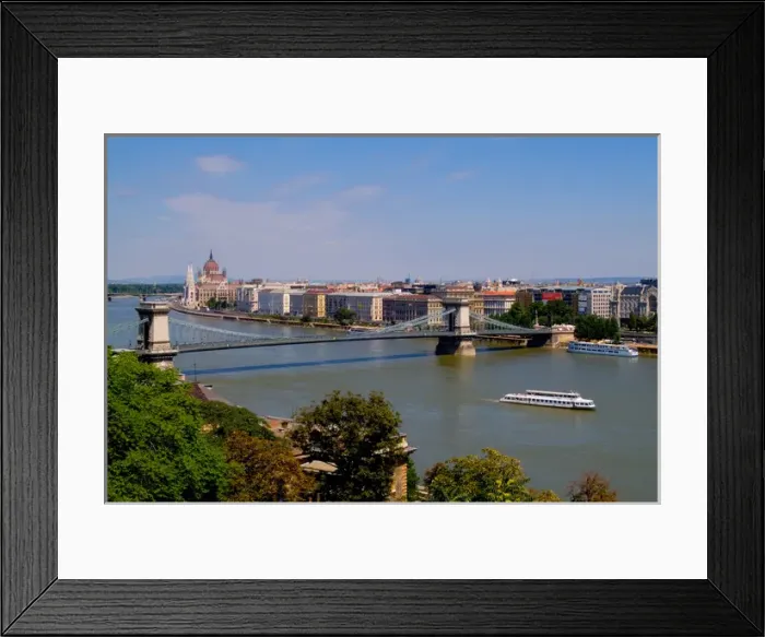 Framed Print : Cruise river boat taken from hill overlooking Chain Bridge Danube River and Parliament
