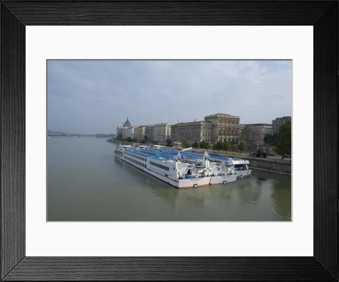 Framed Print : Hungary, Budapest. Viking Riverboats docked along the Pest side of the Danube River
