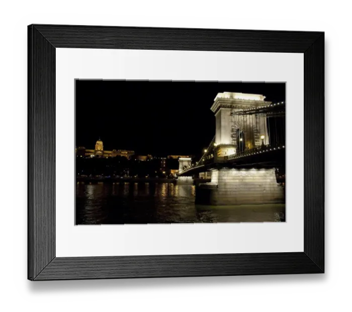 Framed Print : Hungary, Budapest. Night view of Chain Bridge from Pest across the Danube Framed Print : Hungary, Budapest. Night view of Chain Bridge from Pest across the Danube