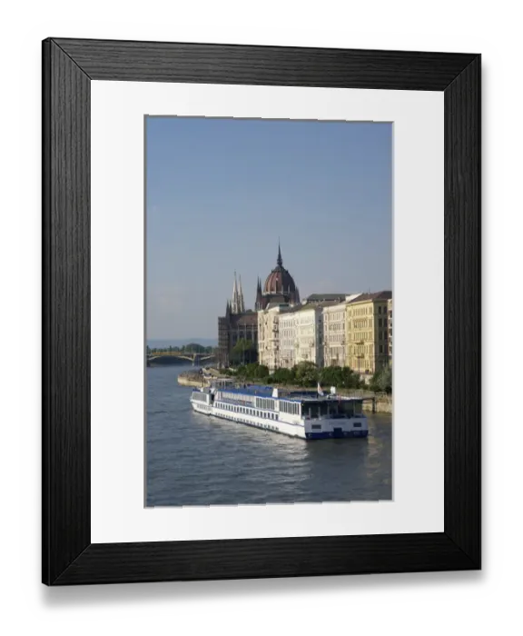 Framed Print : Europe, Hungary, Budapest, riverboat on Daunube River, view of Pest