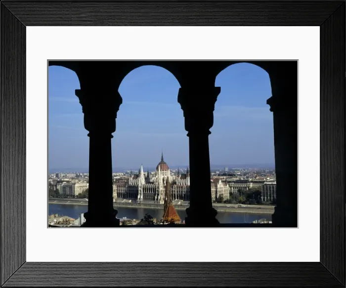 Framed Print : Budapest, Hungary. View through the arches from Buda; the Parliament across the Danube