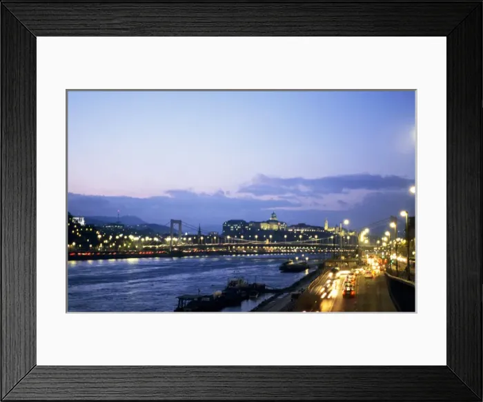 Framed Print : Budapest, Hungary. The river in the evening as night falls