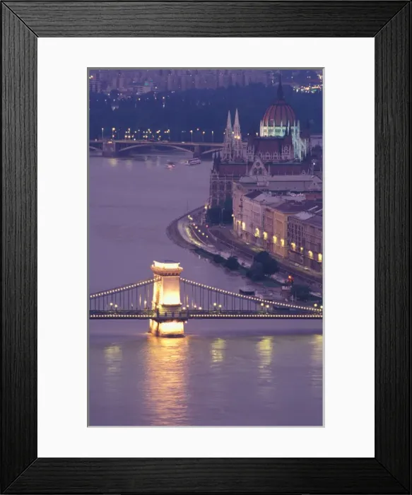 Framed Print : Hungary, Budapest, Chain Bridge, Parliament and Danube river at dusk