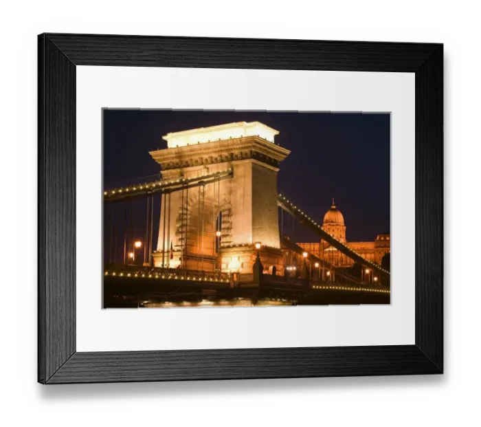 Framed Print : HUNGARY-Budapest: Szechenyi (Chain) Bridge, National Gallery & Danube River  /  Evening