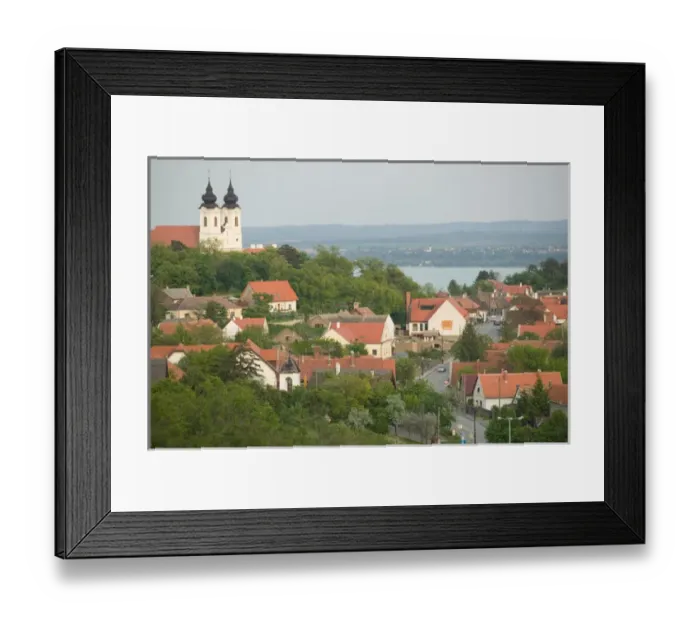 Framed Print : HUNGARY-Lake Balaton Region-TIHANY: Town View with Abbey Church  /  Late Afternoon