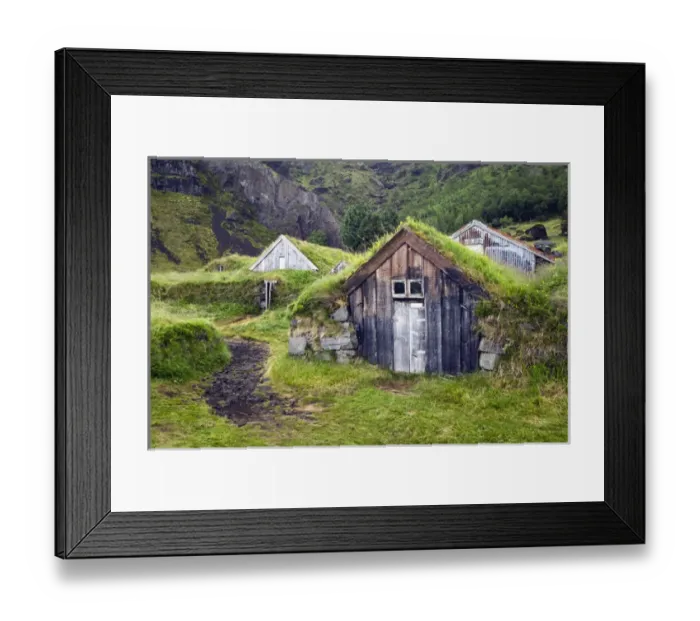 Framed Print : Rural farm with grass roof buildings, Iceland Framed Print : Rural farm with grass roof buildings, Iceland
