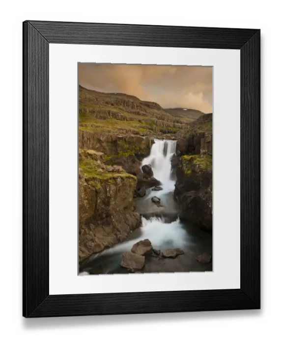 Framed Print : Europe, Iceland. Waterfall in Berufjordur Fjord. Credit as: Don Grall  /  Jaynes Gallery