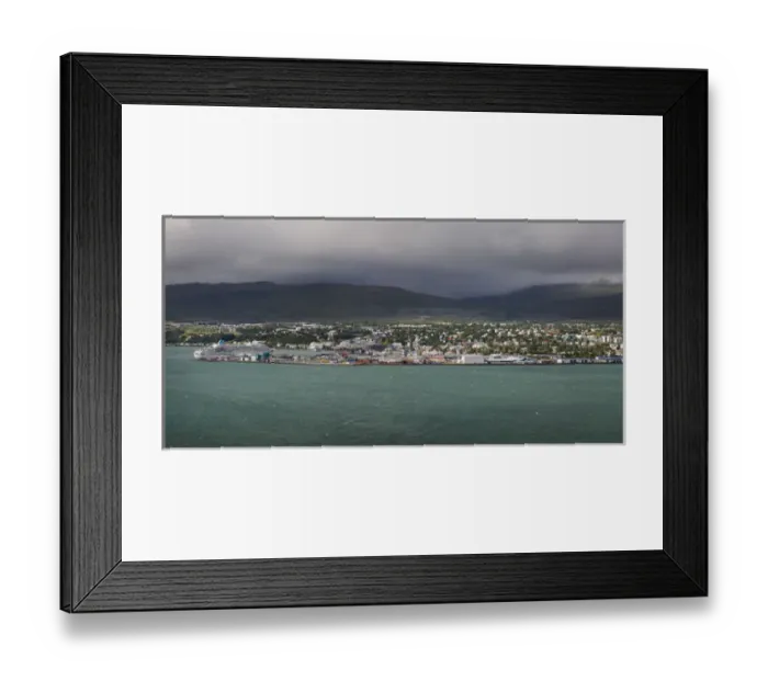 Framed Print : Europe, Iceland, Akureyri. View of harbor and city from the Eyjafjordur Fjord. Credit as