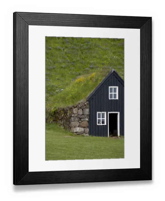 Framed Print : ICELAND21684_JUL2009_BARTRUFF. CR2-Sod roofed and walled storage and work shops
