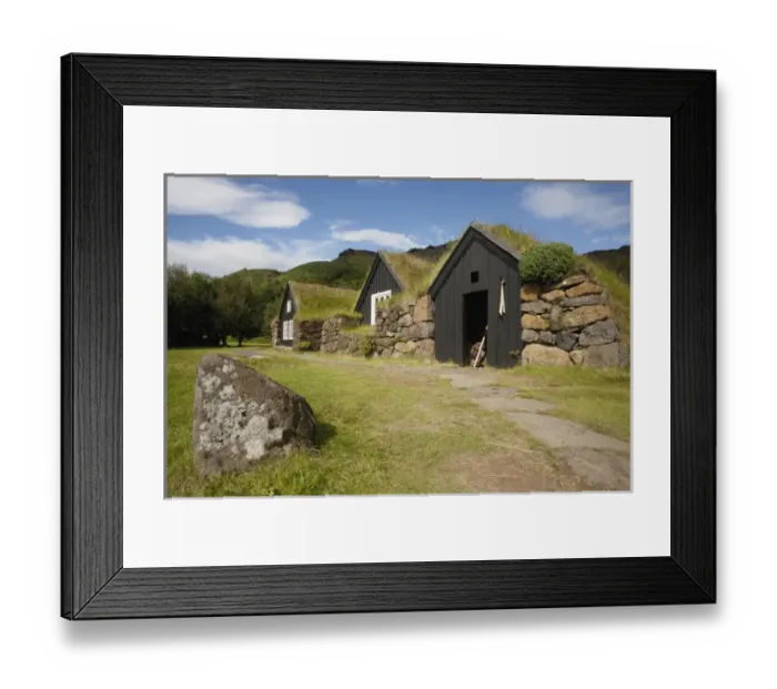 Framed Print : ICELAND21680_JUL2009_BARTRUFF. CR2-Sod roofed and walled storage and work shops