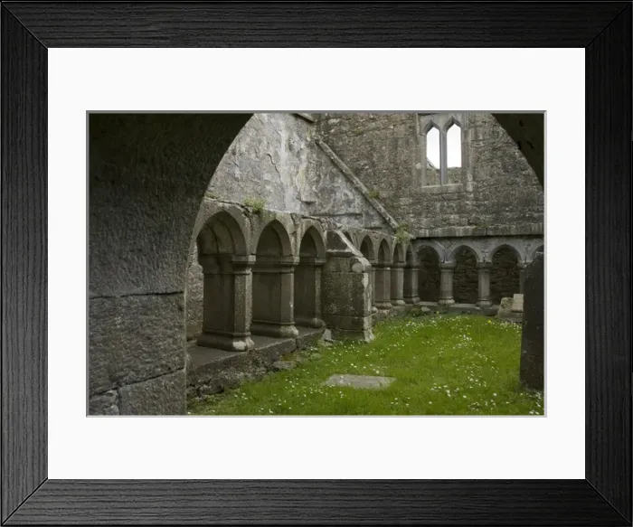 Framed Print : Europe, Ireland, Galway. Stone arches and columns inside the ruins of the Ross Errilly Friary