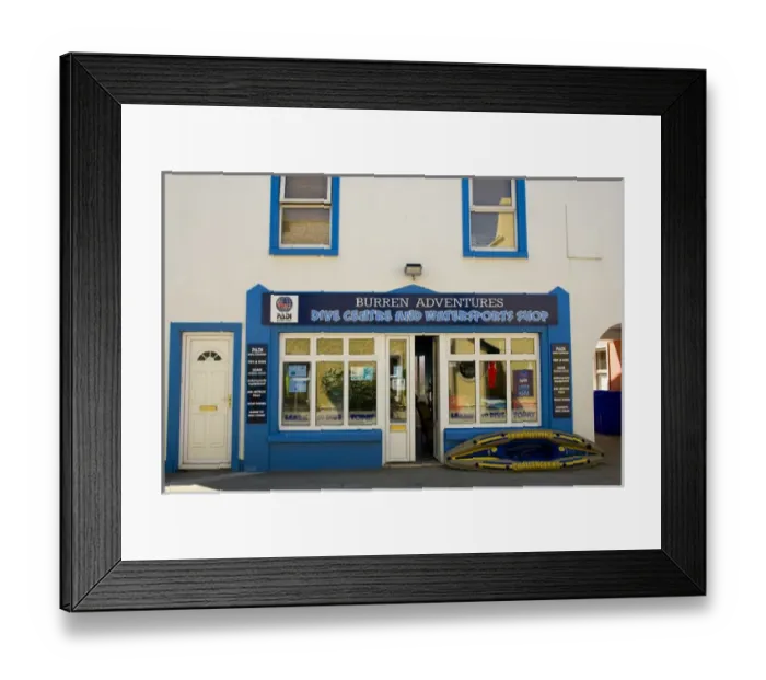 Framed Print : Europe, Ireland, Ballyvaughan. Store front of a dive center and watersports shop in the town center