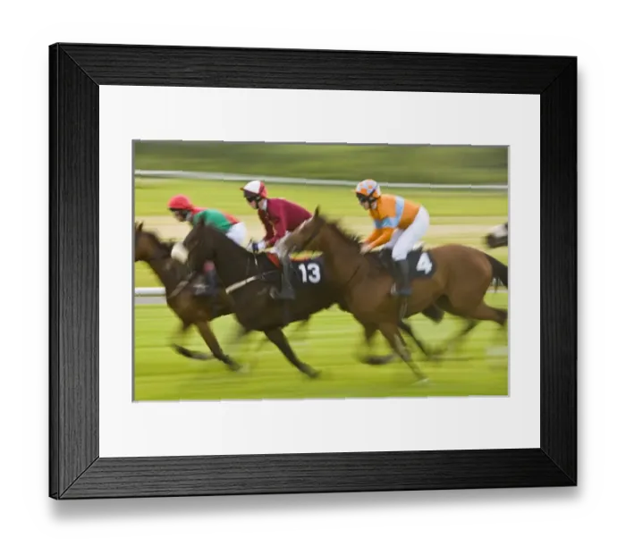 Framed Print : Ireland, County Mayo, Ballinrobe. Jockeys race their horses around the track Framed Print : Ireland, County Mayo, Ballinrobe. Jockeys race their horses around the track