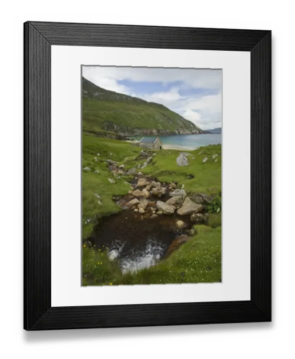 Framed Print : Ireland, Achill Island. A stream runs down to the turquoise waters of Keem Bay past Framed Print : Ireland, Achill Island. A stream runs down to the turquoise waters of Keem Bay past