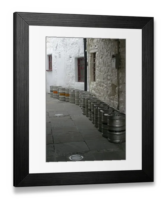 Framed Print : Europe, Ireland, Westport. Kegs in an alley Framed Print : Europe, Ireland, Westport. Kegs in an alley