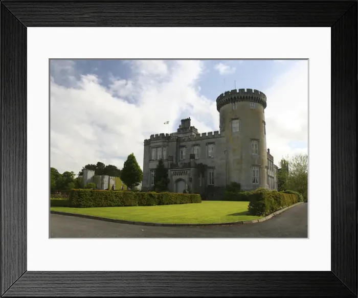 Framed Print : In Ireland, the Dromoland Castle side entrance and turret blue sky white clouds Framed Print : In Ireland, the Dromoland Castle side entrance and turret blue sky white clouds