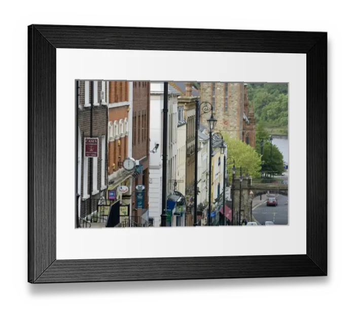 Framed Print : Northern Ireland, Derry, Londonderry, steep, streetlamp, storefront Framed Print : Northern Ireland, Derry, Londonderry, steep, streetlamp, storefront