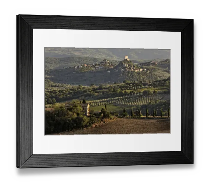 Framed Print : Sunset light on rolling agricultural hills of Tuscany after the harvest, San Quirico Framed Print : Sunset light on rolling agricultural hills of Tuscany after the harvest, San Quirico