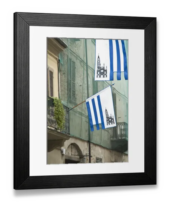 Framed Print : Italy, Piedmont (Piemonte), Langhe, Alba, Annual White Truffle Fair, flags on balcony Framed Print : Italy, Piedmont (Piemonte), Langhe, Alba, Annual White Truffle Fair, flags on balcony