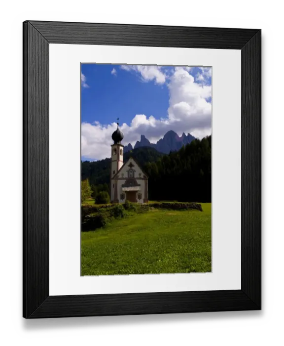 Framed Print : Beautiful isolated lonely church called Rainui in valley in the Italian Dolomites Framed Print : Beautiful isolated lonely church called Rainui in valley in the Italian Dolomites
