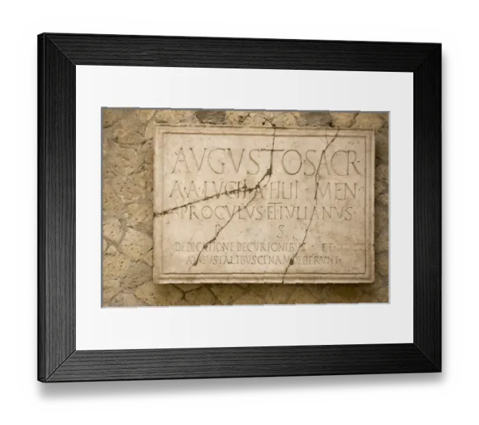 Framed Print : Europe, Italy, Campania, Herculaneum. Sign dedicating the Hall of the Augustals to Emperor Augustus Framed Print : Europe, Italy, Campania, Herculaneum. Sign dedicating the Hall of the Augustals to Emperor Augustus