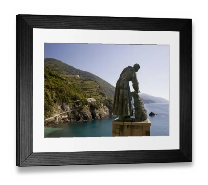 Framed Print : Europe, Italy, Cinque Terre, Monterosso. A statue of St. Francis of Assisi petting a dog Framed Print : Europe, Italy, Cinque Terre, Monterosso. A statue of St. Francis of Assisi petting a dog