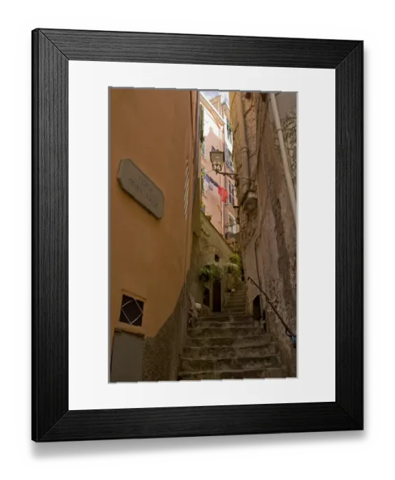 Framed Print : Europe, Italy, Cinque Terre, Riomaggiore. Steep steps between buildings. Credit as Framed Print : Europe, Italy, Cinque Terre, Riomaggiore. Steep steps between buildings. Credit as