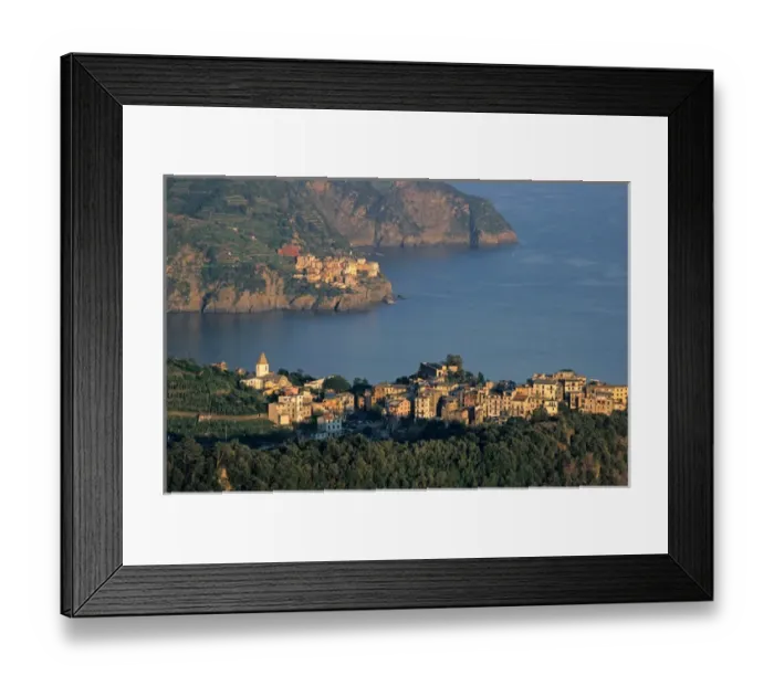 Framed Print : Villages of Corniglia and Manarola, Cinque Terre Liguria, Italy. Mediterranean Sea