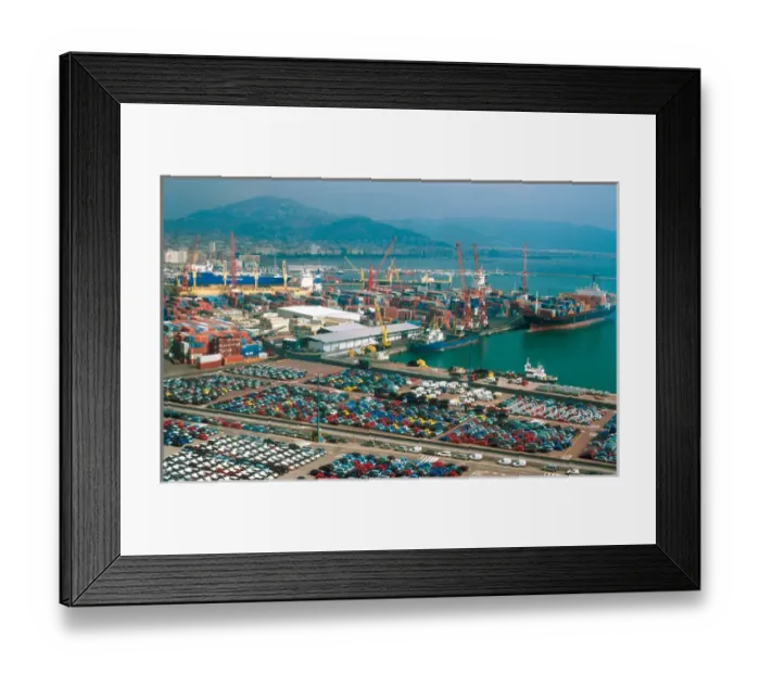 Framed Print : Europe, Italy, Salerno. Automobiles for export lined up at the Port of Salerno