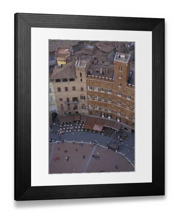 Framed Print : Italy, Tuscany, Siena, Torre del Mangia. Il Campo with its cafes and people viewed Framed Print : Italy, Tuscany, Siena, Torre del Mangia. Il Campo with its cafes and people viewed