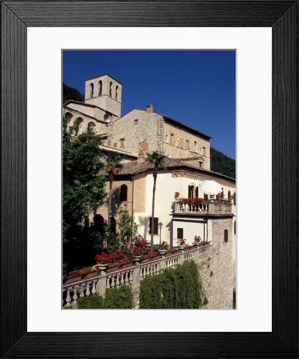 Framed Print : Europe, Italy, Umbria, Gubbio, garden with geraniums