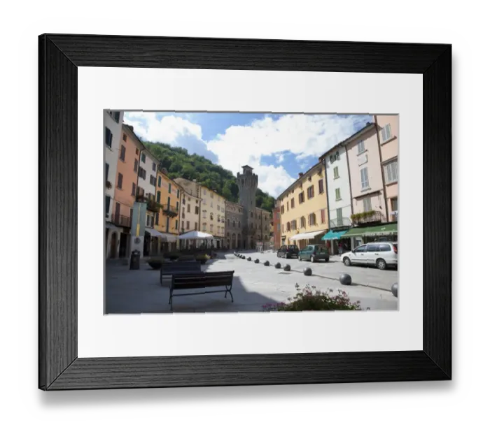 Framed Print : Tuscany, Italy - A pedestrian plaza with park benches amongst city town buildings Framed Print : Tuscany, Italy - A pedestrian plaza with park benches amongst city town buildings